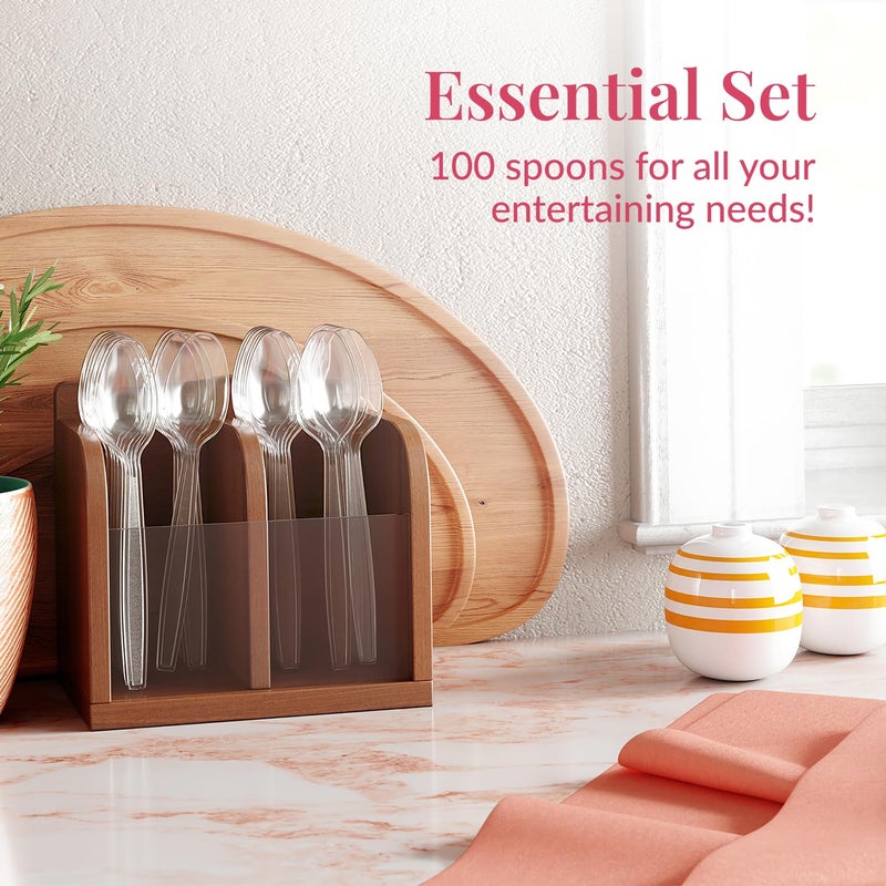 Prestee 100 Pack Clear Plastic Spoons Bulk - Heavy Duty 6" Plastic Silverware Spoons for Weddings, Parties and Catering Events - Heat-Resistant Utensils Disposable Spoons for Hot and Cold Food - Image 4